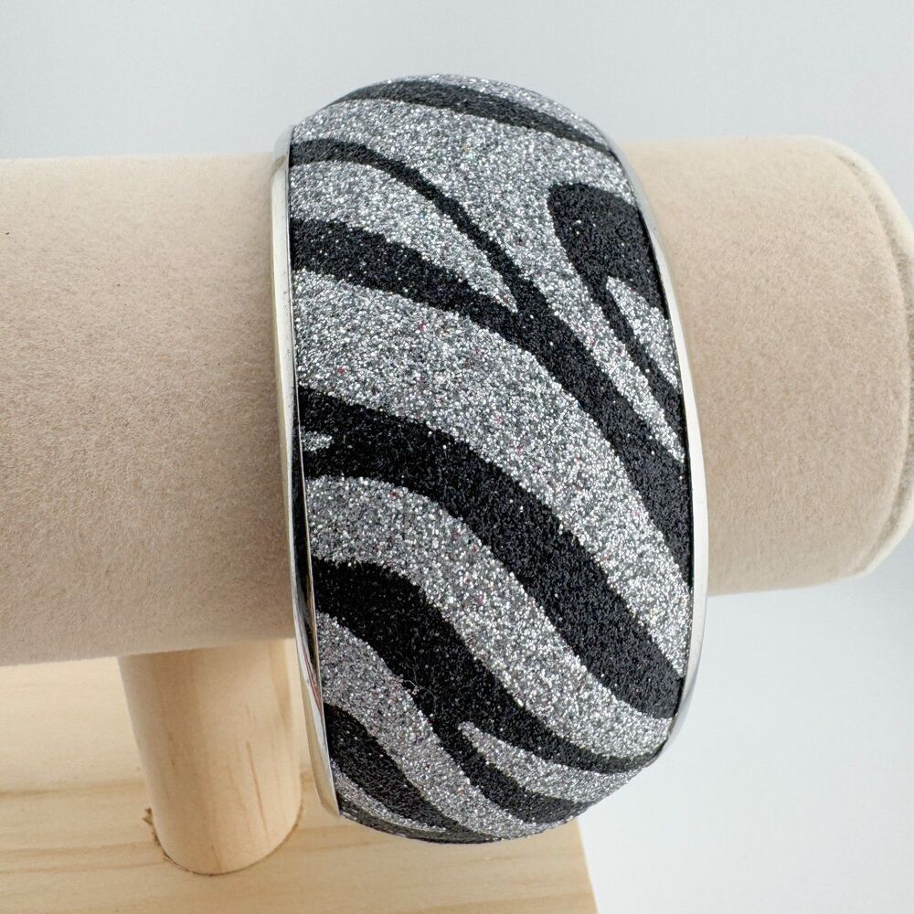 Vintage Zebra Glitter Bangle Bracelet Black Silver Sparkle Wide Animal Print 80s